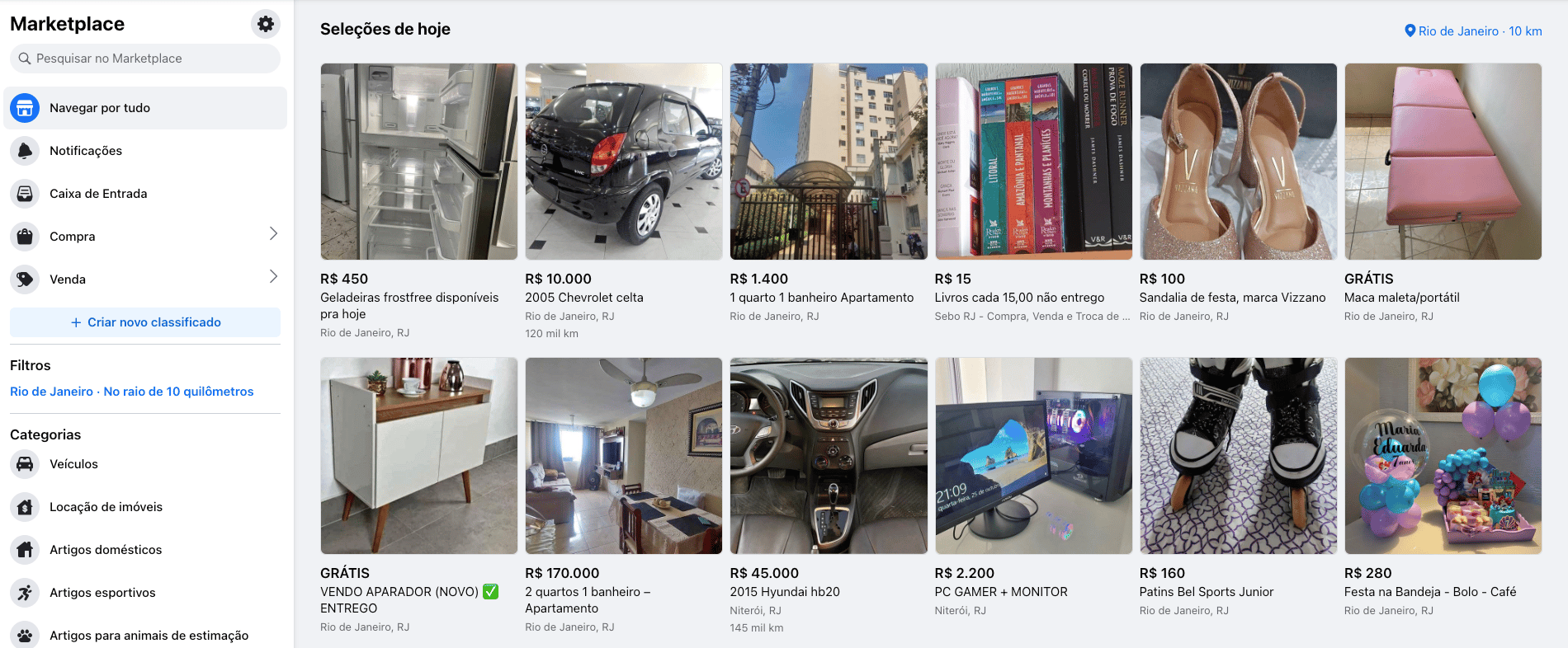 Esta é uma imagem que mostra a página de anúncios do Marketplace do Facebook. 